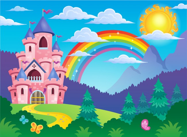 Pink Princess Castle Cartoon & Rainbow Fairytale Wall Mural kids Photo