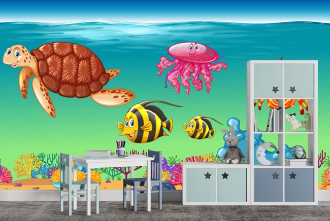 Sea Animals Coral Reef Under The Sea Wall Mural Kids Cartoon Photo ...