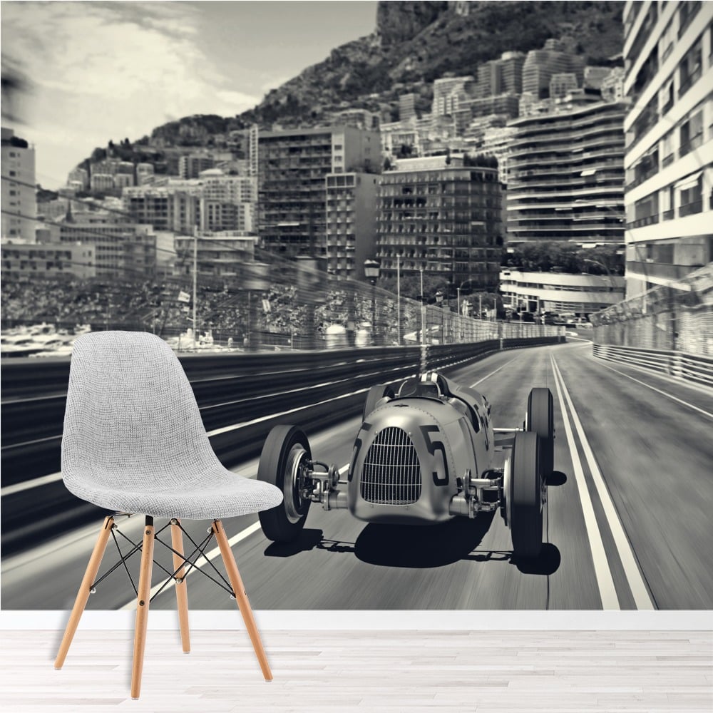 Vintage Race Car Black White Wall Mural Wallpaper