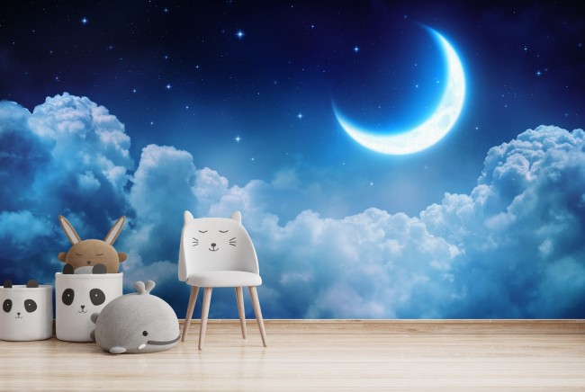 Crescent Moon, Clouds & Stars Wall Mural Wallpaper