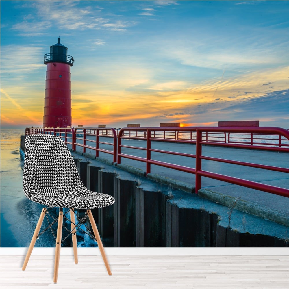 Red Lighthouse Sunrise Ocean Beach Wall Mural Wallpaper