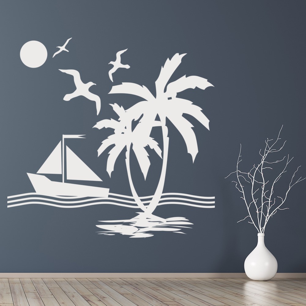 Tropical Island Boat Ocean Wall Sticker