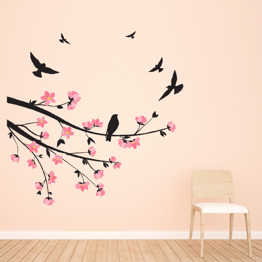 Bird Branch Pink Cherry Blossom Wall Sticker