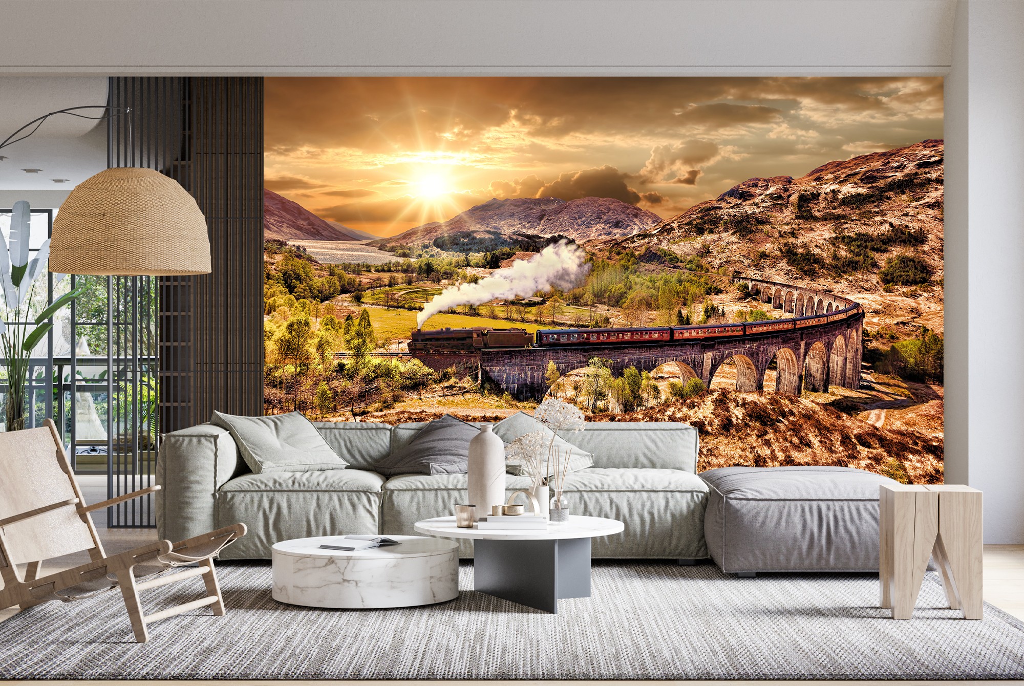 Railway Sunset Steam Train Wall Mural Wallpaper