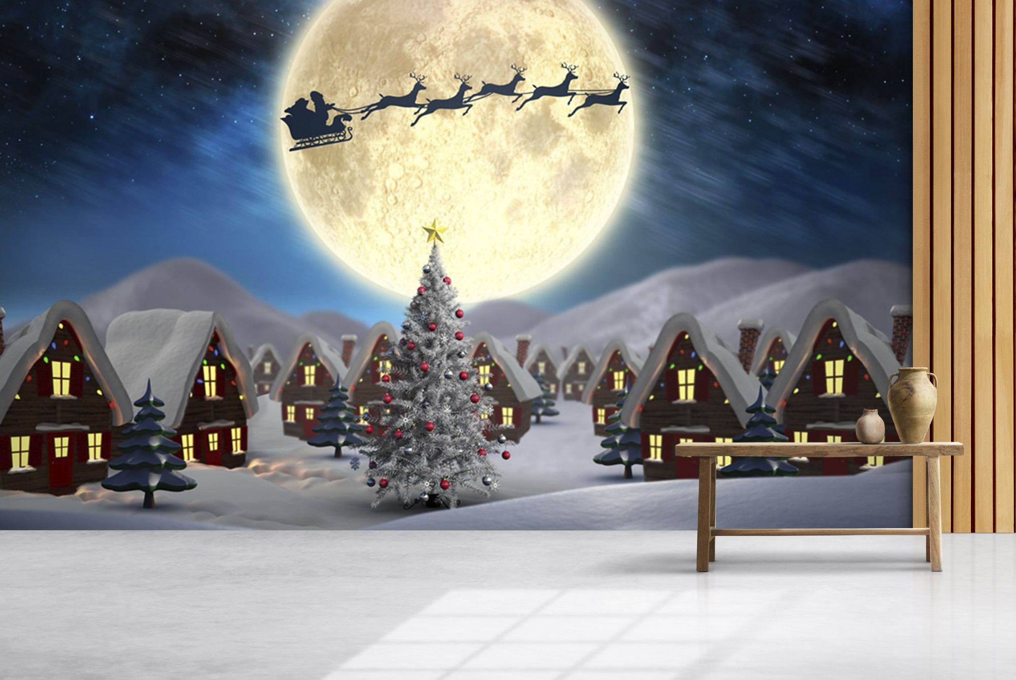 Santa & Reindeer Christmas Village Wall Mural Wallpaper