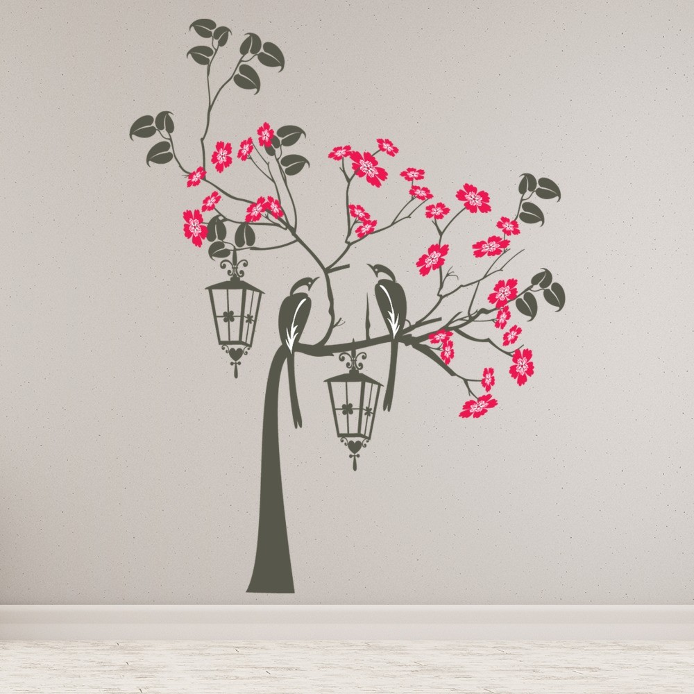 Pretty Bird Tree Pink Flowers Wall Sticker