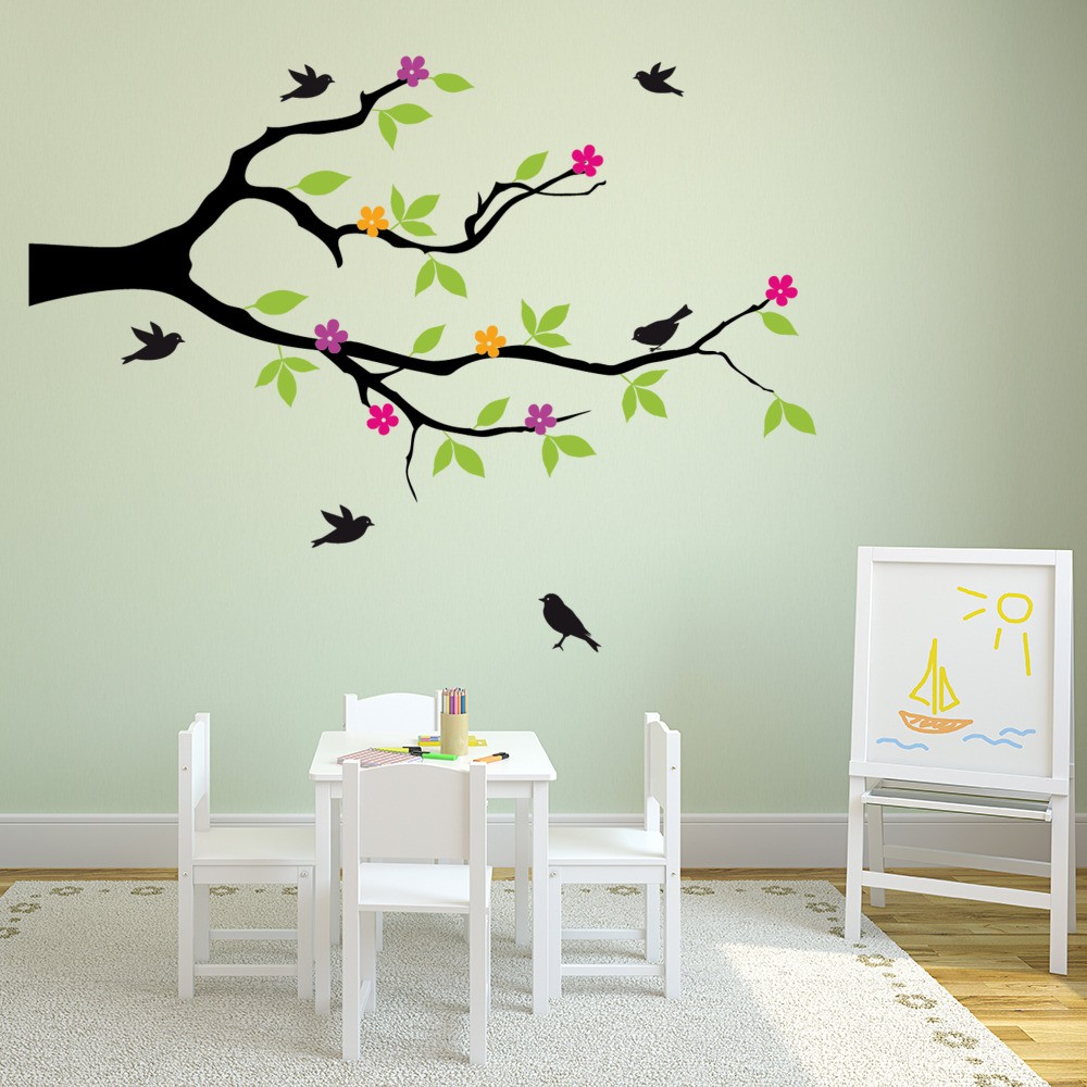 Bird Branch Flowers Leaves Wall Sticker