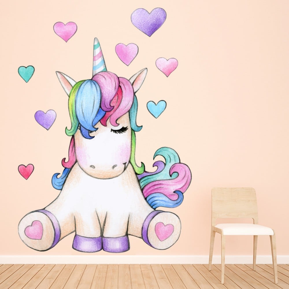 cute unicorn pink purple hearts wall sticker