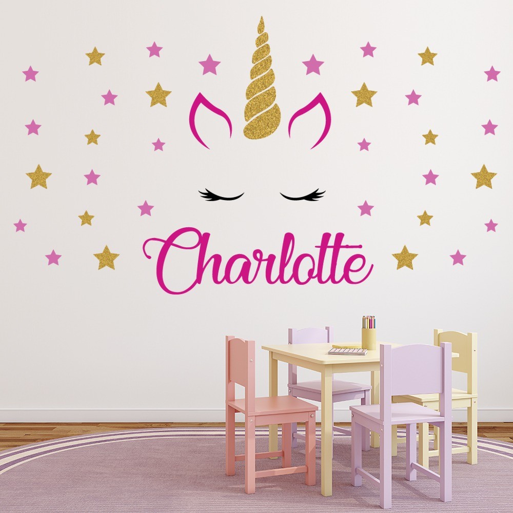 Custom Name Pink & Gold Unicorn Wall Sticker Personalised Kids Room
