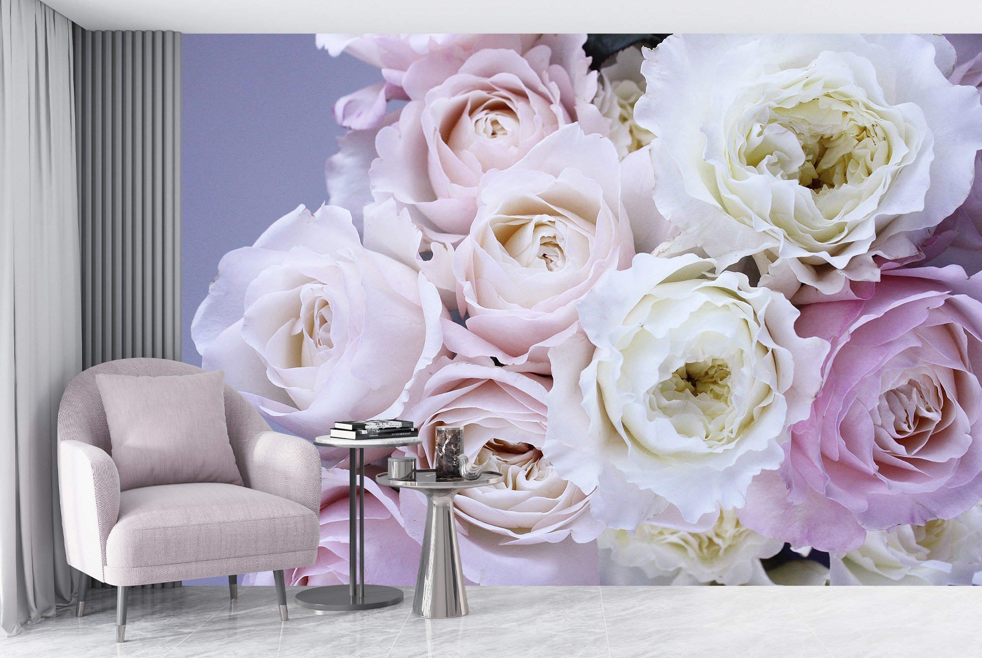 White & Pink Rose Flowers Wall Mural Wallpaper