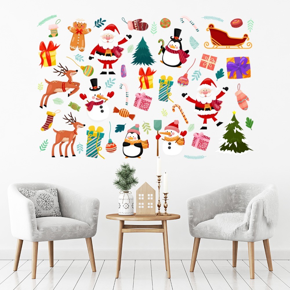 Large Santa Reindeer Christmas Wall Sticker Set